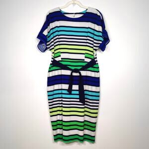 New York & Co Striped Belted Dress L Nautical Preppy Stretch Coastal Chic Resort